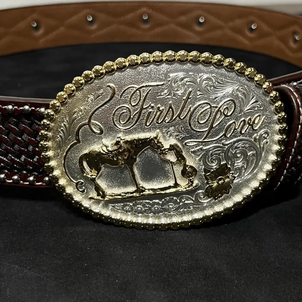 Montana Silversmiths Belt 34 Brown Tooled Western First Love Horse Rodeo Buckle